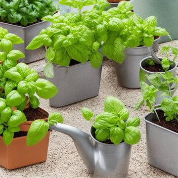 Sunny herb pots with blank tags