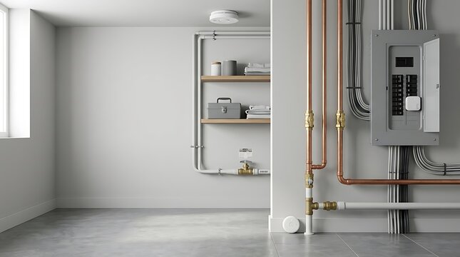 Clean utility room or basement wall showing exposed copper water pipes, gray electrical circuit breaker panel, smoke detector, and organized storage shelves in a modern home.