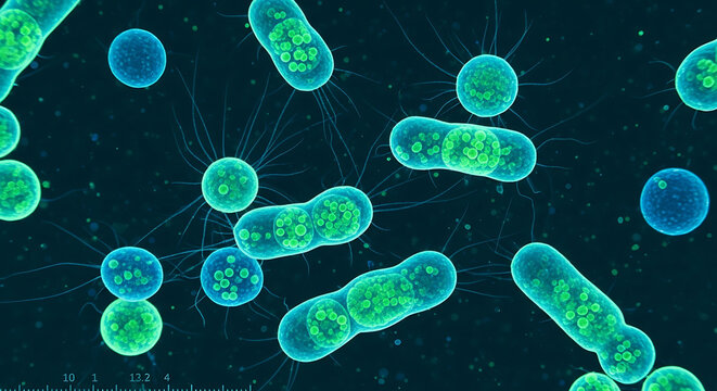 Microscopic view of various bacteria and viruses floating in a dark liquid medium.