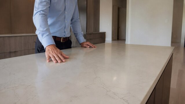 Man touching stone countertop surface in modern kitchen interior design
