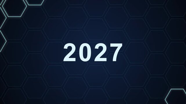Abstract loop animation featuring the year 2027 appearing on a dark blue background with glowing hexagonal patterns and small light particles