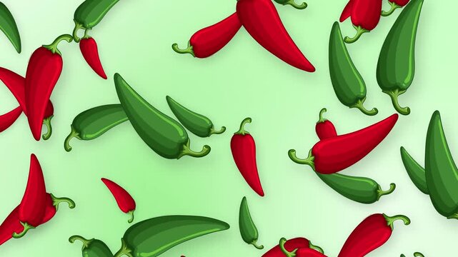 Red and Green Chili Peppers Falling Over Light Green Background