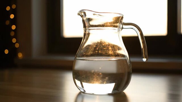 Glass pitcher with clear water on wooden table by bright window light