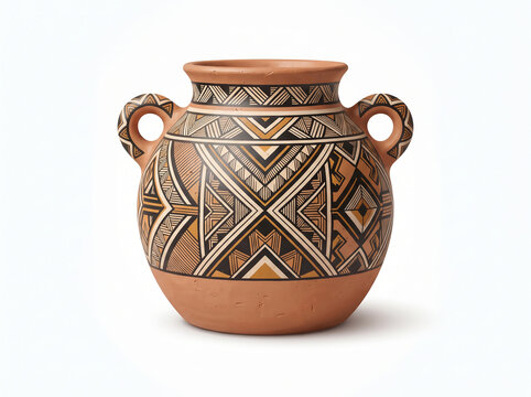 Traditional Ethnic Clay Pottery Pot with Geometric Tribal Patterns and Handles