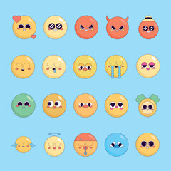 Fototapeta premium Cute cartoon emoji set with diverse emotions and expressions 