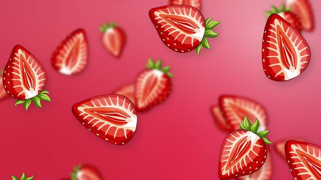 Animated Sliced Strawberries Falling Against a Vibrant Pink Mesh Background