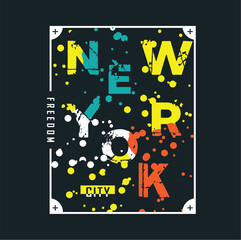 Fototapeta premium New York City text arranged in colorful paint splatter style with decorative border frame. Graphic design concept