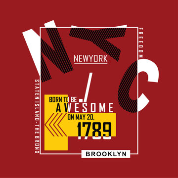 NEWYORK NYC Brooklyn typography layout with 1789 date and slogan text on red background. Urban streetwear concept