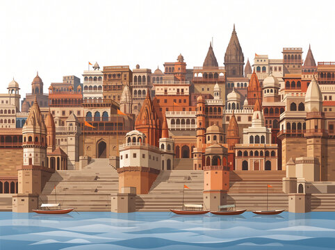 Historic Varanasi Ghats Illustration with Ancient Temples, Wooden Boats, and Sacred Ganges River Landscape Vector Art