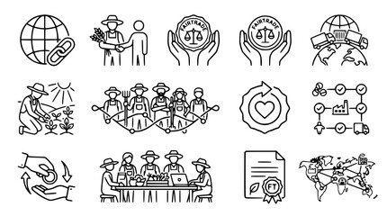 Fototapeta premium Fair Trade Icons: Agriculture, Global Commerce, Sustainability, Ethics, Cooperation