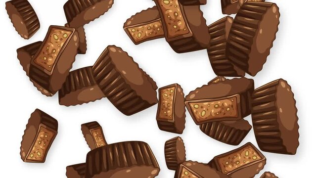 Falling Chocolate Peanut Butter Cups Animation on White Background