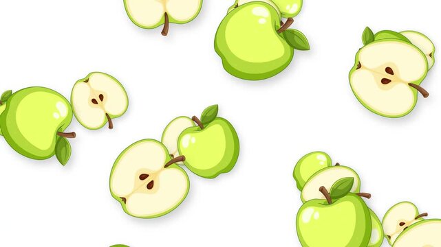 Falling Green Apples and Slices Animation on White Background