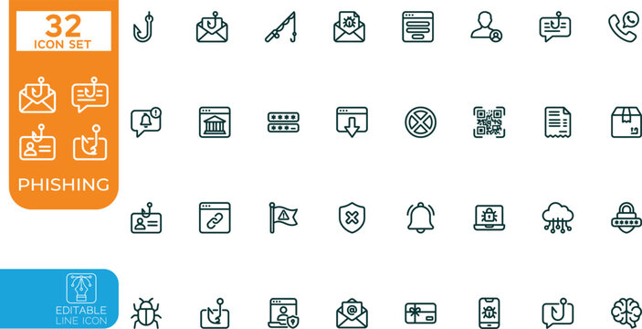 Editable line Vector illustration icon set. Contain icons related to phishing, scam, thief, cybercrime, password hacking, money theft, data leakage, and more. Editable stroke. Vector illustration on 