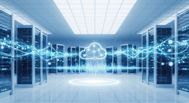 Modern data center with cloud symbol