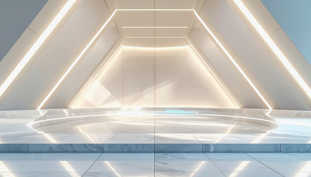 Futuristic geometric stage with illuminated lines and marble floor, modern architectural interior design