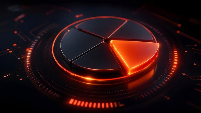 Precision data targeting concept with dark metallic 3D pie chart and one highlighted glowing neon orange segment