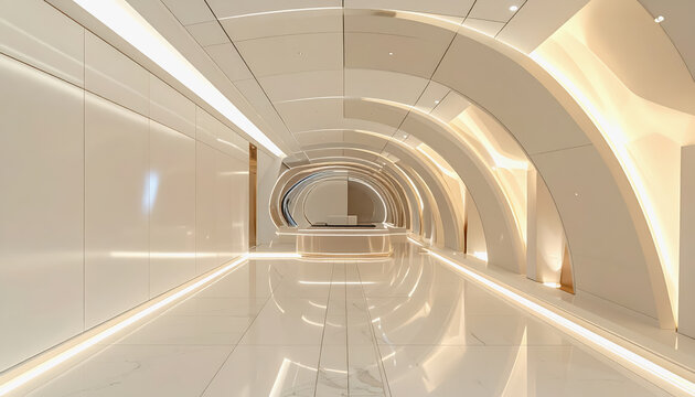 Modern reception area with futuristic curved architecture and illuminated details