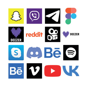 Social Media & Brand Logos featuring Snapchat, Telegram, Deezer, Reddit, Discord, Spotify, VK, YouTube, and more featuring facebook, instagram, tiktok, twitter, whatsapp, telegram icons, modern...