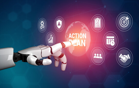 A robotic hand touches a glowing action plan on a digital interface, surrounded by icons representing various aspects of business strategy and technology integration. Ledger