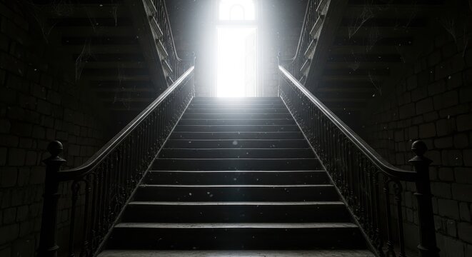 Dark Staircase Leading to Bright Light at Top.