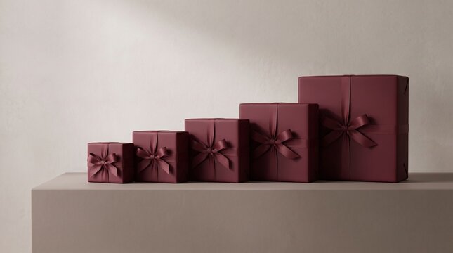 Five burgundy gift boxes with ribbons arranged in ascending size on a neutral surface