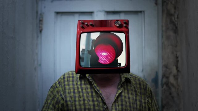 Man with a Vintage Red Television Head Showing a Red Light - 4K