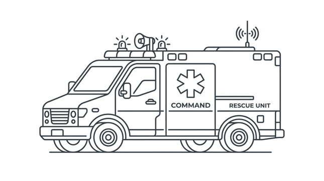 Line art illustration of a mobile emergency command rescue vehicle