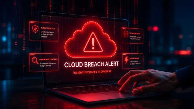 Cloud server data breach alert concept with red glowing holographic warning sign over laptop keyboard and human hand