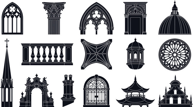 Premium Gothic and Classical Architecture Elements Vector Silhouette Collection Featuring Ornate Arches Columns Domes Rose Windows Spires Gates Balustrades Pagoda Roofs and Historic Building Details I