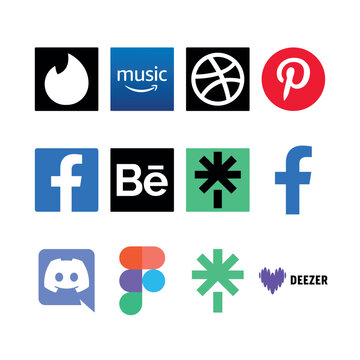 Social Media & Brand Logos - Facebook, Instagram, Pinterest, Amazon Music, Deezer, Spotify, Discord, TikTok, X, Reddit, Marketing, Advertising, e-commerce, delivery, platform, e-commerce...