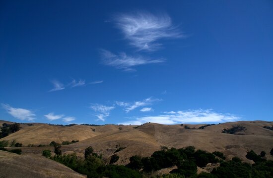 A lone hiker walks along a dirt path amidst expansive dry golden rolling hills under a vast, brilliant blue sky filled with unique wispy white clouds.