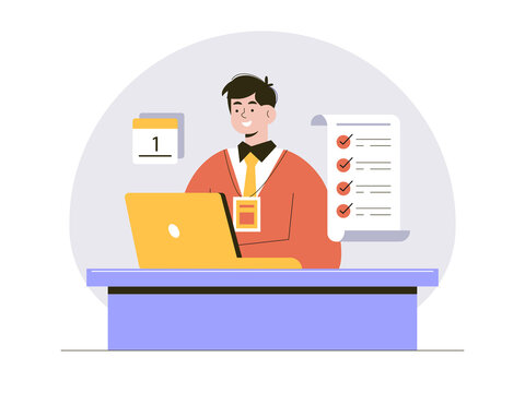 A smiling employee or intern is sitting at a desk working on a laptop, with a task checklist and a calendar visible in the background. Internship illustrations. Flat vector concepts.