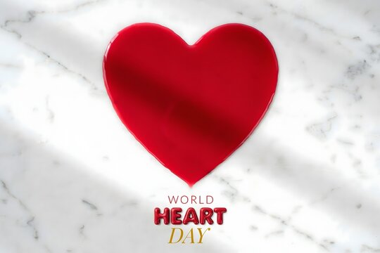 Red heart shape on white marble background for World Heart Day celebration
