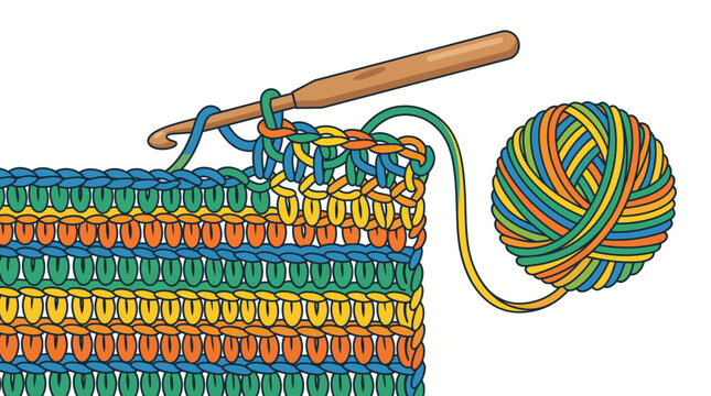 Crocheting process with colorful yarn ball and wooden hook