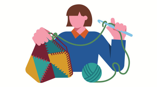 Woman crocheting a patchwork fabric item with a ball of yarn