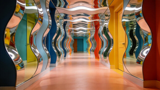 Colorful wavy mirror hallway with vibrant reflections