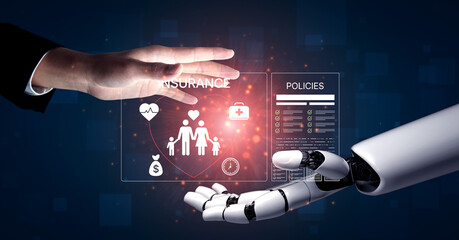 Naklejka premium Human and robotic interaction demonstrating insurance policies and digital technology in a futuristic setting with health and financial elements. Bitwise.