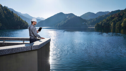 Fototapeta premium Clean energy worker using tablet beside mountain lake in sunlight