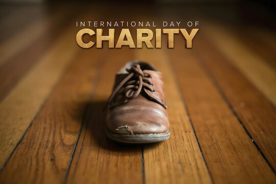 Worn brown leather shoe on wooden floor with Charity text overlay for donation concept