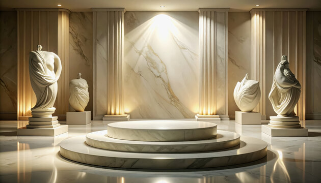 Elegant museum hall with classical statues and marble pillars