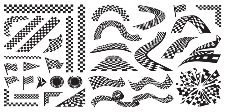 Checkered race flag banners and dynamic racing track borders in black checkered patterns for motorsport victory designs.