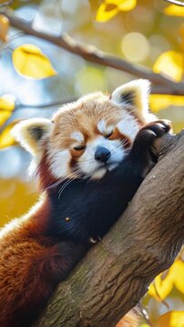 Close-up video angle of a red panda sleeping on a branch, with autumn leaves in the background. Live mobile wallpaper.