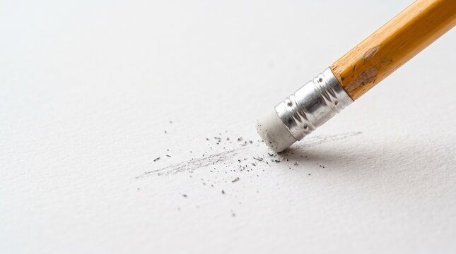 ​A close-up photograph of a classic yellow wooden pencil eraser wiping away a drawn graphite line on a white textured paper surface, leaving behind small rubber shavings.
