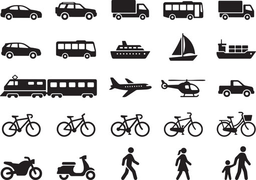 Vehicle and transit icon set featuring diverse transport modes for logistics and navigation systems.