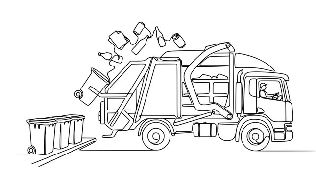 Garbage Truck Collecting Trash Bins and Debris - Line Art Illustration