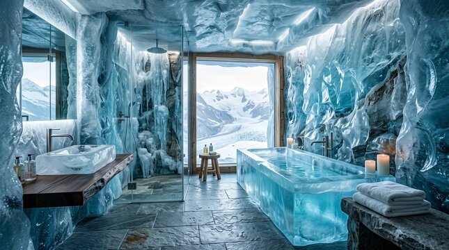 High-end ice bathroom with a rectangular bathtub and large window viewing a snowy mountain landscape vista