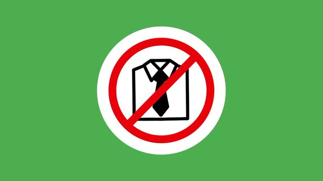 No dress code sign featuring a formal suit and tie icon inside a red prohibition circle, symbolizing clothing restrictions, uniform rules, and prohibited formal attire.