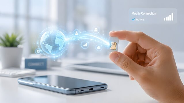 Hand holding a SIM card activating a global mobile network connection with a holographic earth and telecommunication icons above a modern smartphone.