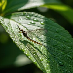 Naklejka premium Delicate dragonfly resting on dewy green leaf in nature.