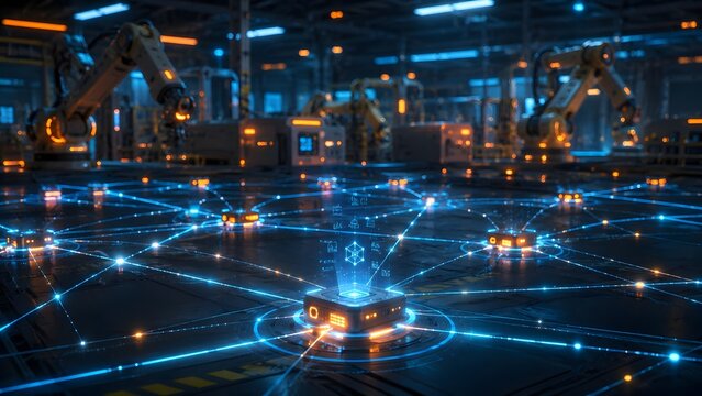 Smart Factory Automation with Robotic Arms and Glowing Digital Network Nodes on Floor